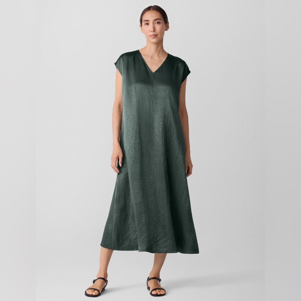 NWT Eileen Fisher Textured Satin V-Neck Dress